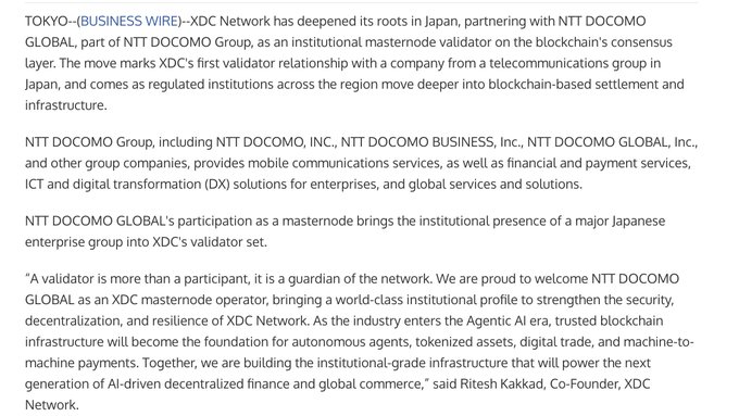 A Business Wire press release image announcing that NTT DOCOMO GLOBAL, part of Japan's NTT DOCOMO Group, has partnered with XDC Network as an institutional masternode validator on its blockchain consensus layer. The announcement highlights this as XDC's first validator relationship with a Japanese telecom group and features a quote from Co-Founder Ritesh Kakkad about building trusted blockchain infrastructure for AI-driven decentralized finance.