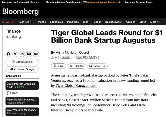 Bloomberg article titled 'Tiger Global Leads Round for $1 Billion Bank Startup Augustus' by Misha Manjurani Oberoi, dated July 21, 2026.