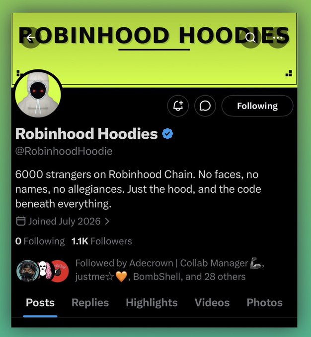 The image shows a Twitter/X profile page for "Robinhood Hoodies" (@RobinhoodHoodie), featuring a verified account with 1.1K followers, a green banner with the project's name, and a hooded avatar with red eyes. The bio describes it as "6000 strangers on Robinhood Chain. No faces, no names, no allegiances. Just the hood, and the code beneath everything," which aligns with the post's description of a collection of 6,000 anonymous characters on Robinhood Chain with no names, faces, or predefined allegiances.