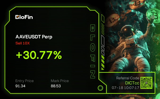 BloFin cryptocurrency trading promotion showing AAVEUSDT Perp with Sell 10X position at +30.77%, entry price 91.34, mark price 88.53, referral code DICTcc, featuring an astronaut floating among Bitcoin coins.