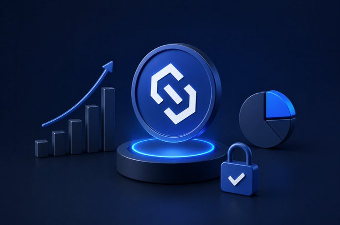 A 3D graphic displaying a glowing blue polygon crypto token centered on a pedestal, surrounded by a bar chart, pie chart, and a padlock symbol.