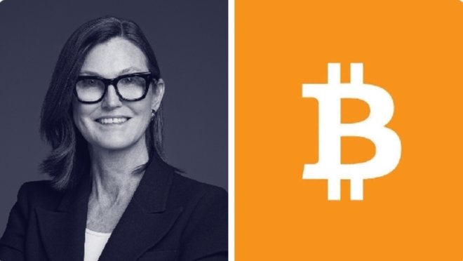 The image is a side-by-side composite featuring a professional headshot of Cathie Wood (left) on a dark background and the Bitcoin logo (right) on a bright orange background, visually representing ARK Invest's latest $37 million Bitcoin purchase and the firm's ongoing institutional commitment to the cryptocurrency despite market volatility.