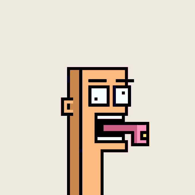 A pixel art illustration depicts a stylized orange character with a mustache sticking out a long pink tongue with a yellow tip.