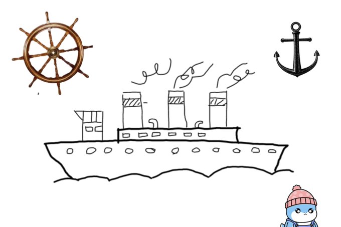 A simple sketch depicting a ship with three smokestacks, accompanied by a ship's wheel illustration in the top left, an anchor in the top right, and a small cartoon character in the bottom right corner.