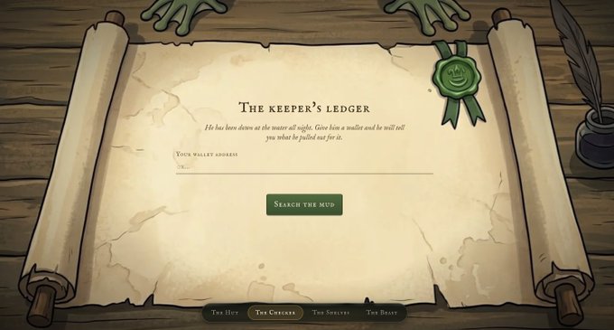 A scroll-styled interface titled "The Keeper's Ledger" invites users to search the mud for their wallet address, featuring a text field and a "Search the Mud" button, accompanied by navigation tabs for "The Hut," "The Checkers," "The Swifts," and "The Boars." The image visually represents the tool mentioned in the post for verifying whether one's wallet was recorded in the Mudlark project, with a note reassuring collab wallet holders that their entries will be added before minting.