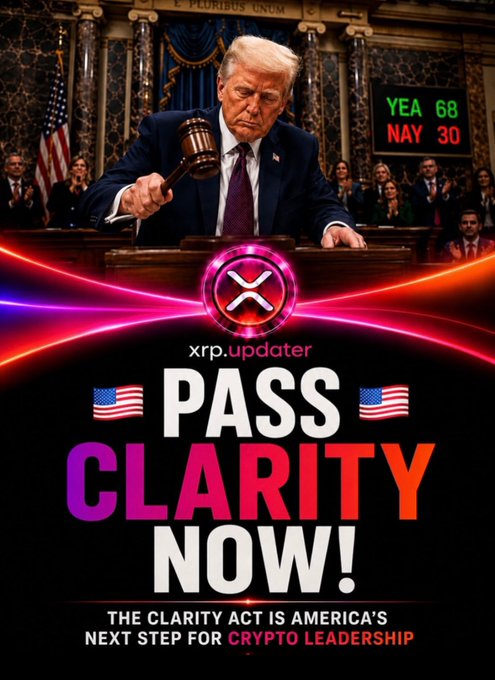 The image shows a digitally altered figure resembling Donald Trump striking a gavel in a congressional setting, with a board displaying "YEA 68 NAY 30," alongside the XRP logo and bold text reading "🇺🇸 PASS CLARITY NOW! 🇺🇸" and "THE CLARITY ACT IS AMERICA'S NEXT STEP FOR CRYPTO LEADERSHIP."

However, the image does not visually relate to the post's message about self-custody and protecting XRP recovery credentials—the image instead promotes the Clarity Act and a legislative vote, which is a separate crypto policy topic unrelated to personal wallet security.