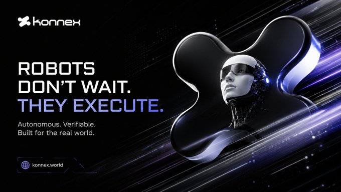 Konnex promotional banner with a futuristic robotic figure, featuring the tagline 'ROBOTS DON'T WAIT. THEY EXECUTE.' and 'Autonomous. Verifiable. Built for the real world.' along with the website konnex.world.
