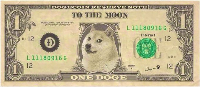 A novelty 'Dogecoin Reserve Note' featuring the Doge Shiba Inu meme dog, with 'TO THE MOON' and 'ONE DOGE' text and serial number L 111809160.