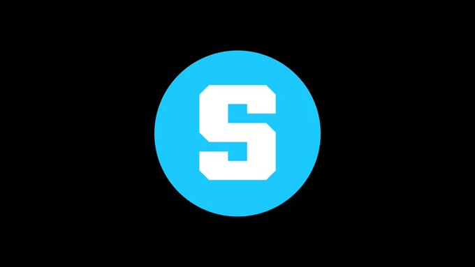 A minimalist graphic showing a blue circle with a white stylized letter 'S' in the center, set against a black background.
