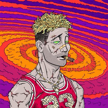 A stylized digital illustration depicts a muscular male figure with blonde spiky hair, a nose bandage, a gold tooth, and a cigar, wearing a red tank top with gold lettering against a swirling red, orange, and purple psychedelic background.