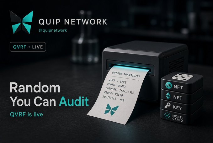 A promotional graphic for 'QUIP NETWORK' (@quipnetwork) featuring a receipt printer displaying an 'ORIGIN TRANSCRIPT' and stacked blocks labeled with NFT, KEY, and MONTE CARLO, alongside text reading 'Random You Can Audit' and 'QVRF is live'.