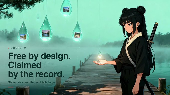 An anime-style illustration featuring a character with a sword on a wooden dock by a misty green lake, with floating water drops and the text 'DROPS 零 Free by design. Claimed by the record. Stake, stay, and the mint falls to you.'