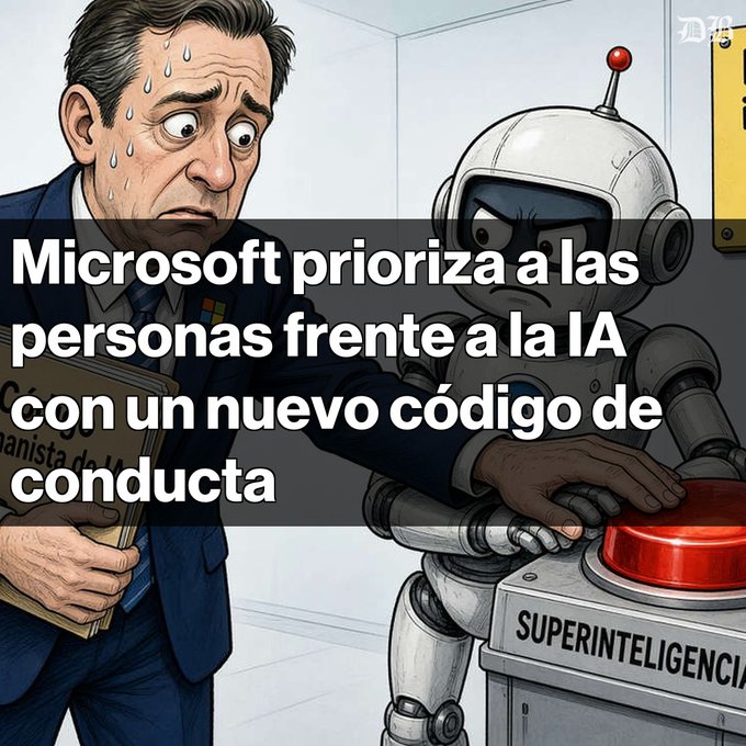 A cartoon illustration of a nervous businessman pressing a 'Superintelligence' button while a robot stands by, with Spanish text stating 'Microsoft prioritiza a las personas frente a la IA con un nuevo código de conducta.'