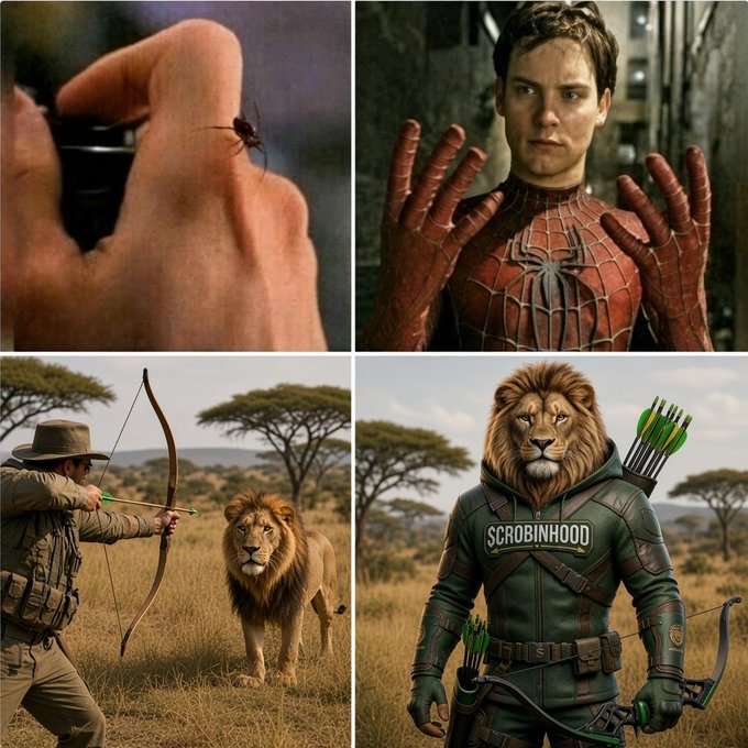 A four-panel meme showing a spider on a hand, Spider-Man, an archer aiming at a lion, and an AI-generated 'Scrobinhood' character depicted as an anthropomorphic lion wearing archer gear and a green hoodie.