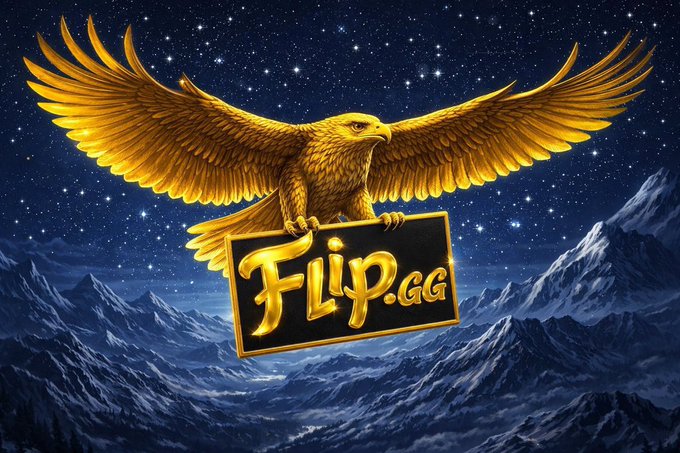 A digital illustration of a golden eagle with outstretched wings perched on a sign reading 'FLIP.GG', set against a starry night sky and snowy mountains.