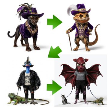 An AI-generated image showing before-and-after style transformations of pets and a creature dressed in human clothing: a cat in a purple hat, a ferret in a feathered hat, a dragon-like creature in a hoodie, and a red demon figure with wings.