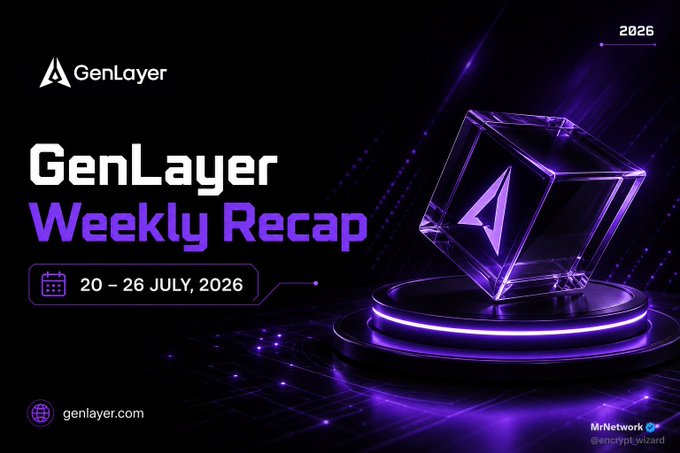 A promotional graphic for "GenLayer Weekly Recap" covering July 20-26, 2026, featuring a purple 3D cube logo on a glowing pedestal with genlayer.com and @enjoy_wizard credits.