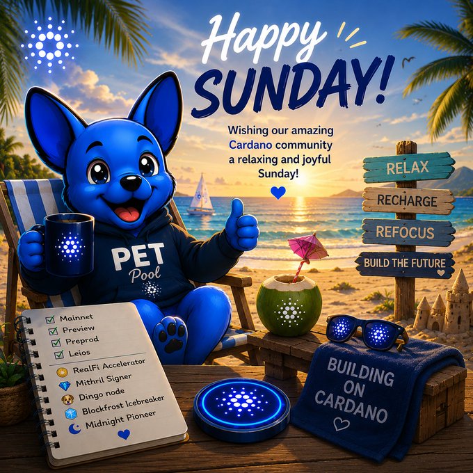 A digital graphic wishing a 'Happy SUNDAY!' to the Cardano community, featuring a blue cartoon dog holding a 'PET Pool' mug on a beach, with a checklist including 'Mainnet', 'Preview', and 'Mithril Signer', alongside signs reading 'RELAX', 'RECHARGE', 'REFOCUS', and 'BUILD THE FUTURE'.