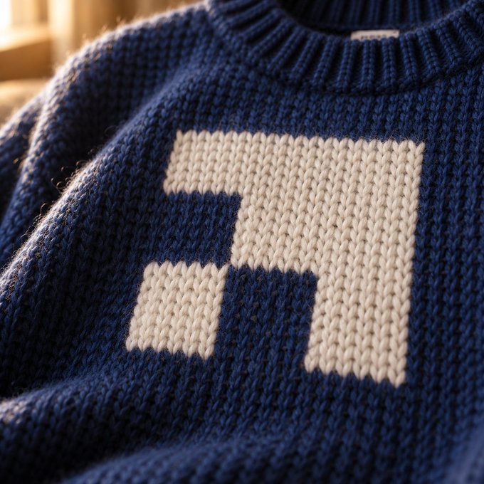 A close-up of a textured navy blue knitted sweater featuring a large cream-colored letter 'A' on the chest.