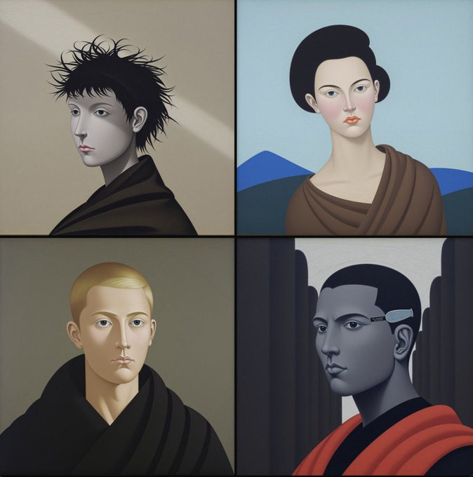 A four-panel illustration featuring stylized portraits of different individuals: a pale person with messy dark hair, a person with dark hair and a brown shawl, a blonde-haired person, and a person in red and black robes.