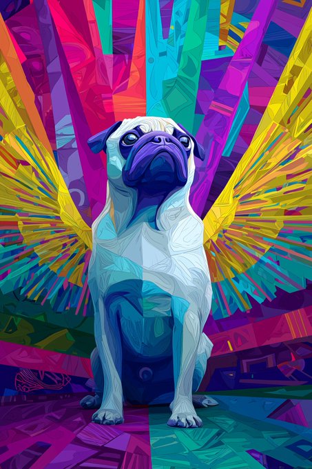 A vibrant, colorful digital artwork of a pug sitting with a psychedelic, radiating background.
