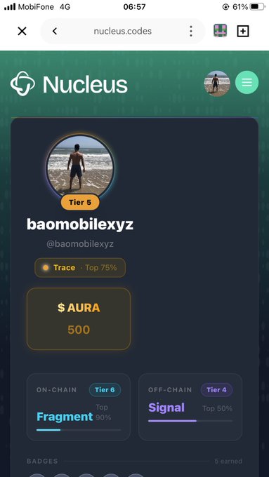 The image shows a phone screen displaying information about a user's profile, including their bio, followers, and other data. The text on the screen reads "wake up và tiếp tục nào ae sì có khá chấn động. Bên @NucleusCodes ss1 đã có kq nhận $AURA .", which is related to the post about the user's profile on social media. The image also contains a person standing in front of water and a beach scene, adding context to the overall message being conveyed by the post.
