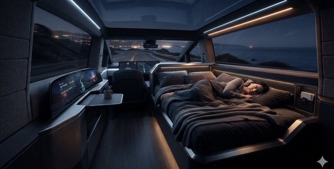 A futuristic concept image of a person sleeping in a luxurious bed inside a sleek, modern vehicle interior with ambient lighting, panoramic windows showing a nighttime coastal road, and a dashboard display.