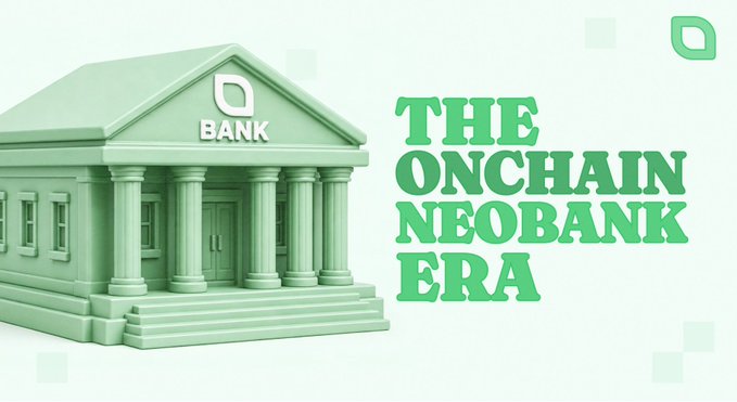 A 3D rendered graphic for 'THE ONCHAIN NEOBANK ERA' features a classical green bank building with columns and a 'D BANK' logo.