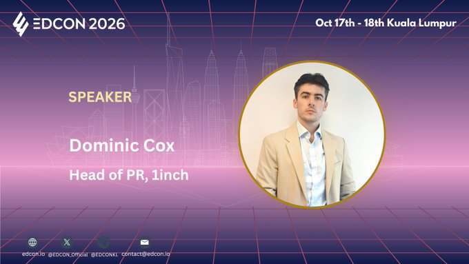 A speaker announcement for 'EDCON 2026' in 'Kuala Lumpur, Oct 17th - 18th' featuring Dominic Cox, Head of PR at 1inch.