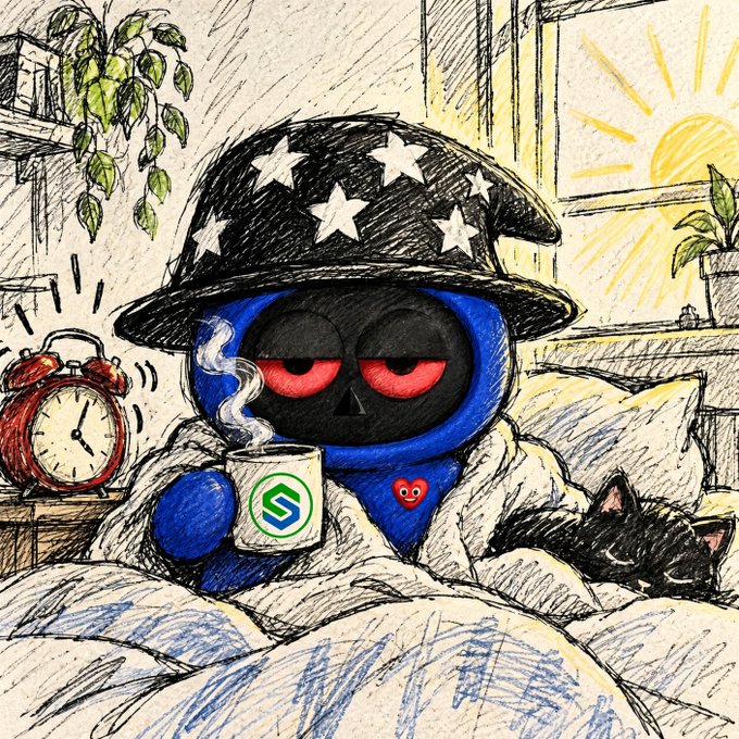 A hand-drawn illustration of a sad blue skeleton-like character wearing a star-patterned hat and holding a mug with a green logo, sitting in bed next to a black cat with a sunrise in the background.