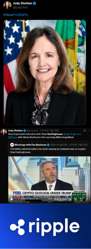 A social media post by Judy Shelton (@judyshel) with the hashtag '#NewProfilePic' showing her official photo, along with tweets mentioning Brad Garlinghouse, Maria Bartiromo, Morning with Maria, Mornings with Fox Business, and Ripple.