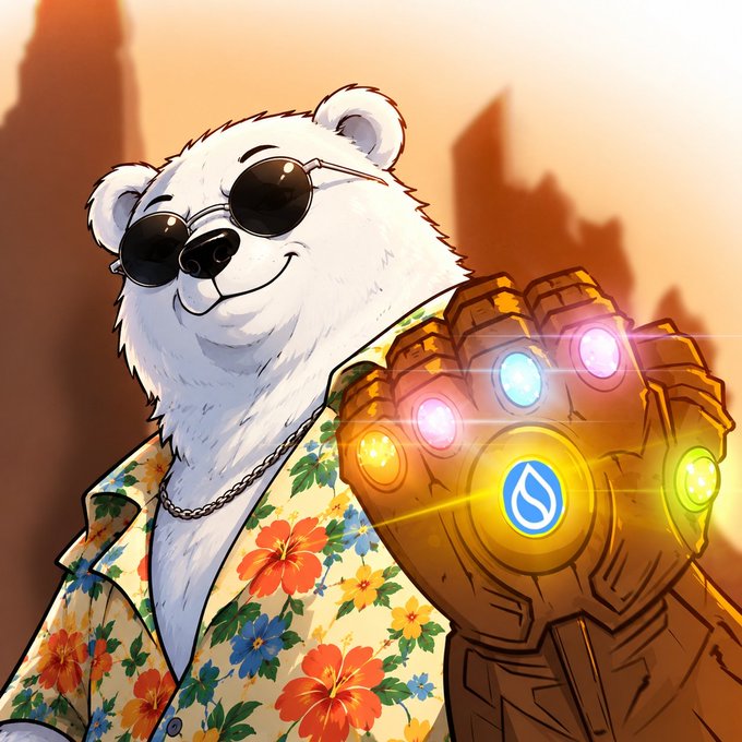 Anime-style illustration of a polar bear wearing sunglasses and a floral Hawaiian shirt, holding up an Infinity Gauntlet that has a Suqa (cryptocurrency) logo in place of the soul stone.