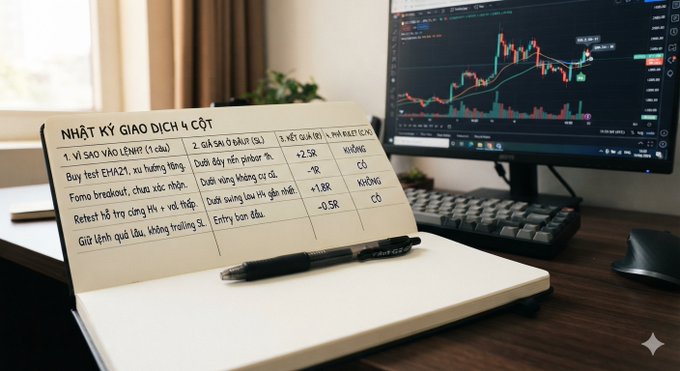 An open notebook on a desk displays handwritten Vietnamese text titled 'NHẬT KÝ GIAO DỊCH 4 CỘT' (4-Column Trading Diary) with trading notes about EMA 1, breakouts, RSI, and MACD, alongside a monitor showing a candlestick chart.