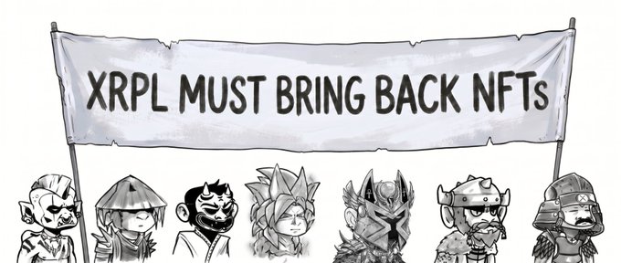 The image features a cartoon drawing of six cartoon characters, including a monkey, standing next to each other with their arms raised high above their heads. The text "XRPL MUST BRING BACK NFTs" is written below them, indicating that they are participating in an online campaign or movement related to the NFT industry.