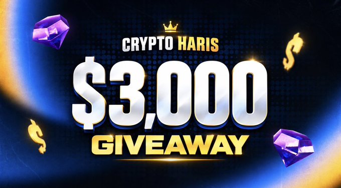 A flashy giveaway graphic reading "CRYPTO HARIS $3,000 GIVEAWAY" features a large white "$3,000" against a dark blue background decorated with purple gemstones and golden dollar signs, directly matching the post's announcement of a 30-winner giveaway where 30 people will each receive $100.