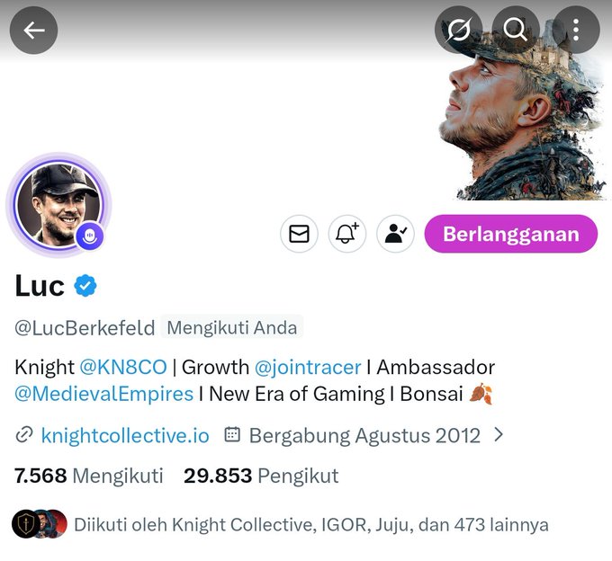 A Twitter profile for 'Luc' (@LucBerkefeld) displays a verified blue check, bio mentioning Knight @KN8CO and Growth @joinracer, with a banner image of a soldier in camouflage.