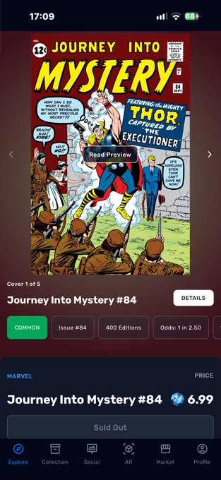 A mobile app screenshot showing a Marvel comic book listing for 'Journey Into Mystery #84' priced at $6.99, featuring the iconic cover with 'Thor' and 'The Executioner'.