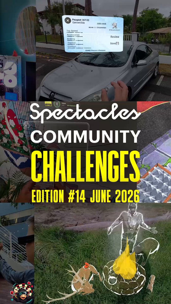 The image features an advertisement for the Spectacles Community Challenge. The challenge encourages people to submit ideas or creative projects related to eyewear, particularly glasses, for a chance to win up to $14,000. The poster includes various pictures of different types of eyewear and eye-related scenarios, suggesting that the post may be about an upcoming contest or project related to spectacles.