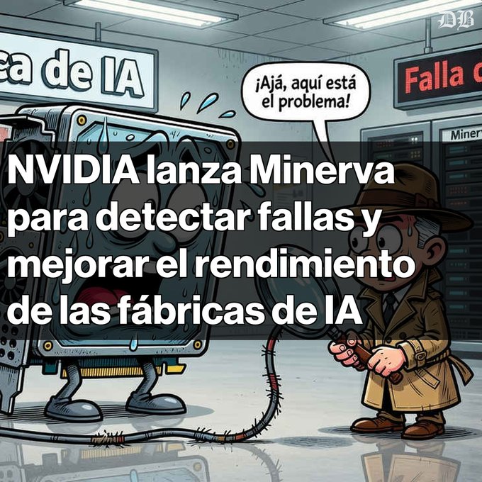 Spanish news graphic about NVIDIA launching Minerva to detect failures and improve AI-factory performance, illustrated with a cartoon detective and malfunctioning machine.