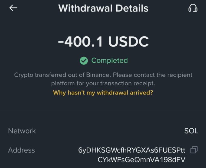 A Binance withdrawal details screen shows a completed transfer of **-400.1 USDC** via the **SOL** network to address starting with "6yDHKSGWcfhRYGXAs6FUES..." The image supports the post's claim of sending $400 to a follower as part of a "rent money" giveaway, providing proof of the completed crypto transaction.