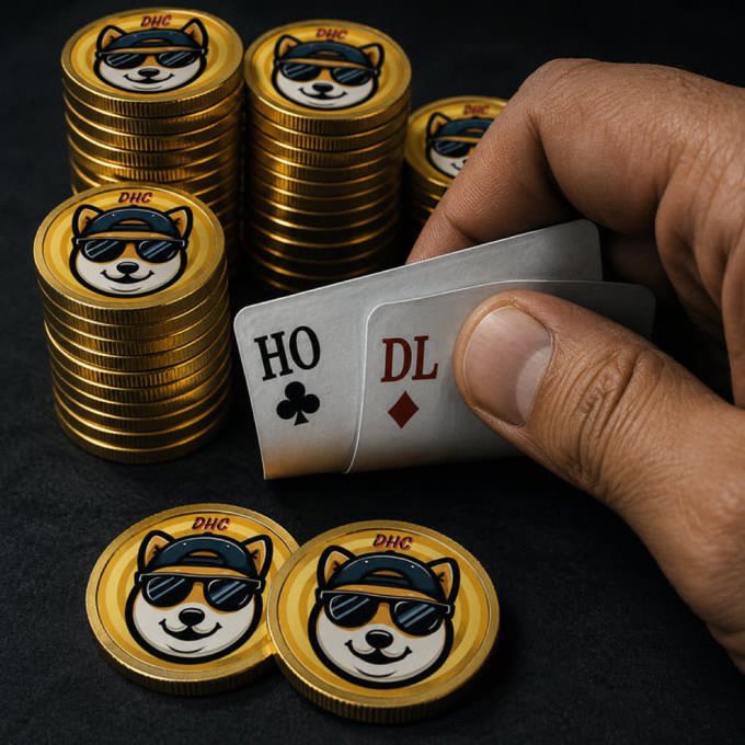 A promotional image showing stacks of gold 'DHC' Dogecoin coins alongside a hand holding the Ace of Spades and Ace of Diamonds playing cards, with two loose DHC coins in the foreground.