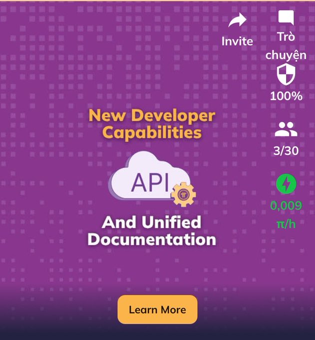 The image features a purple background with a dotted pattern, showcasing a promotional graphic titled "New Developer Capabilities" and "And Unified Documentation," accompanied by an API cloud icon and a "Learn More" button. The post mentions "Have you triggered the lightning yet?" and the image displays a lightning bolt icon with "0.009 π/h," likely referencing a mining rate or similar metric, possibly related to cryptocurrency or blockchain development. The interface also includes options like "Invite," "Trở chuyển" (likely Vietnamese for "Transfer"), and "100%" with a shield icon, along with "3/30" next to a users icon, suggesting a quota or referral limit. The image appears to be related to a new API and unified documentation release, tying into the post's theme of developer capabilities and lightning-related features.