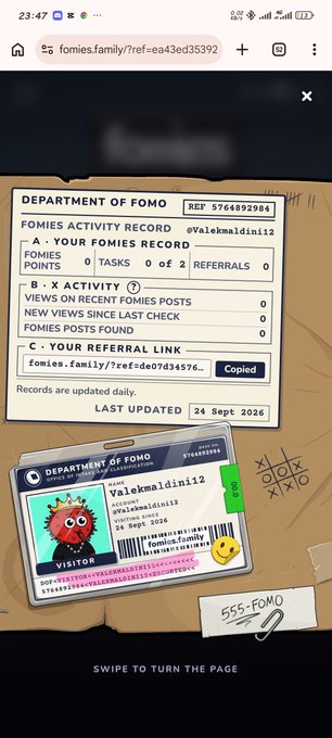 A screenshot from fomies.family showing a 'Department of Fomo' Fomies Activity Record for user @Valekmaldini13, displaying 0 points, tasks, referrals, and views, with an ID card and a referral link below.