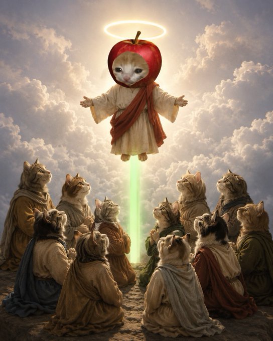 A surreal digital painting shows a cat-headed figure in robes with an apple for a head and a glowing halo, ascending in a beam of light. Below, a congregation of cats in various robes kneels in reverence against a cloudy sky background.