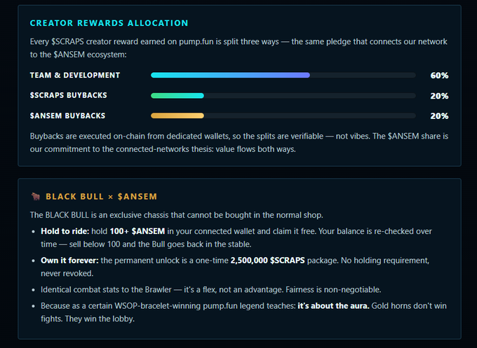A digital infographic titled 'CREATOR REWARDS ALLOCATION' detailing that pump.fun rewards are split three ways: 60% Team & Development, 20% $SCRAPS Buybacks, and 20% $ANSEM Buybacks, followed by details about the 'BLACK BULL x $ANSEM' exclusive chess item.