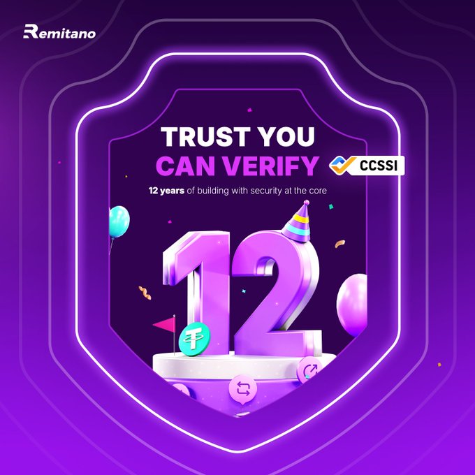 A promotional graphic with a purple shield design featuring the text 'TRUST YOU CAN VERIFY', '12 years of building with security at the core', the number '12', a 'CCSS' checkmark, and the Remitano logo.