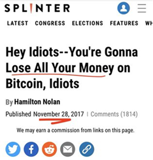A Splinter article headline by Hamilton Nolan reads 'Hey Idiots---You're Gonna Lose All Your Money on Bitcoin, Idiots', published November 28, 2017.
