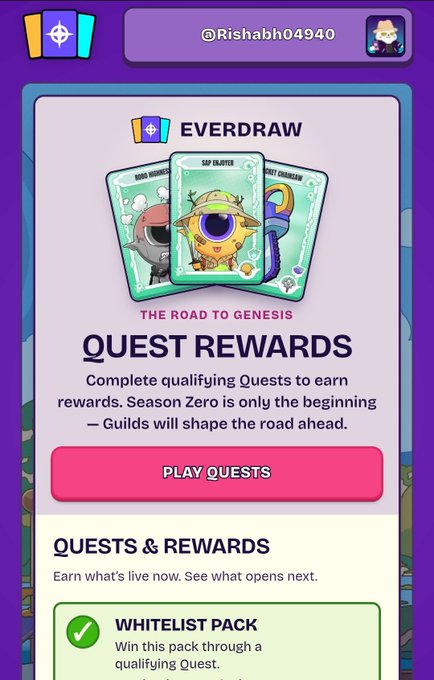 A mobile app screen for 'EVERDRAW' showing Quest Rewards for 'The Road to Genesis,' featuring cartoon character cards and a 'PLAY QUESTS' button, with the handle '@Rishabh04940' at the top.