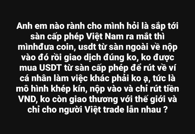 White Vietnamese text on a black background asking about an upcoming licensed exchange in Vietnam launching 'minhdura coin', questioning whether users can deposit USDT from foreign exchanges and whether it will be a closed-loop model for VND withdrawals.