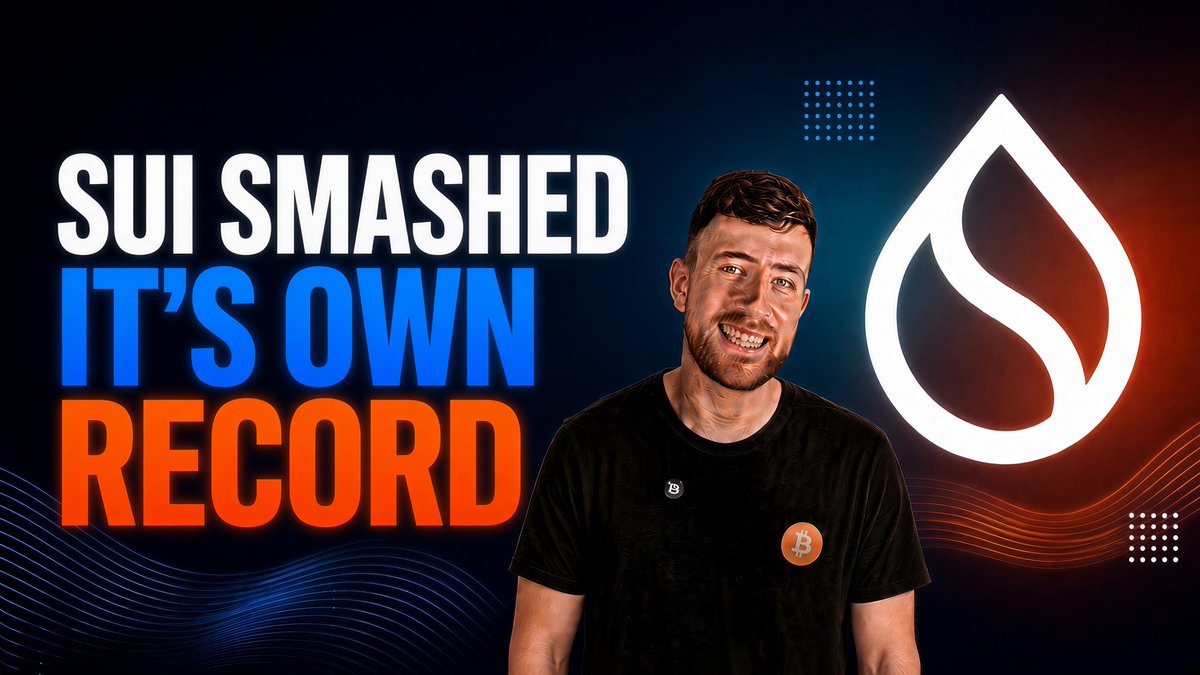 A YouTube-style thumbnail reads “SUI SMASHED IT’S OWN RECORD,” featuring a man in a black Bitcoin shirt beside a large Sui logo on a dark blue-and-orange background.